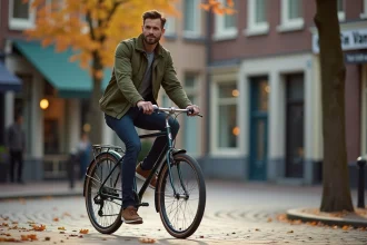 Cycliste urbain sur vélo à frein à rétropédalage dans une rue pavée en automne