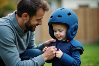 Parent vérifiant l'ajustement d'un casque de sport enfant dans un jardin, sécurité équipement jeune sportif