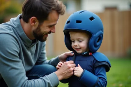 Parent vérifiant l'ajustement d'un casque de sport enfant dans un jardin, sécurité équipement jeune sportif