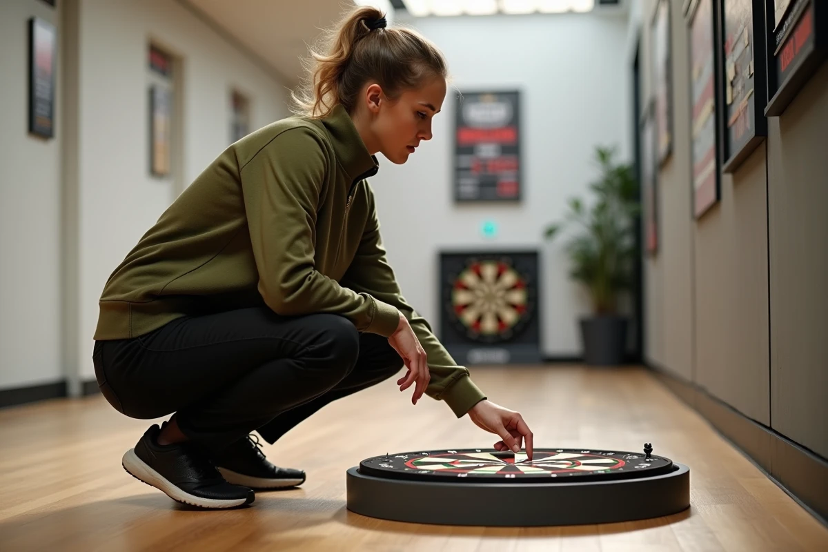 Joueuse de fléchettes vérifiant le placement et la conformité d'un oche professionnel dans une salle de sport moderne