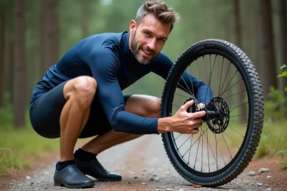 Cycliste VTT vérifiant la pression d'un pneu 26 pouces avec un manomètre sur sentier forestier