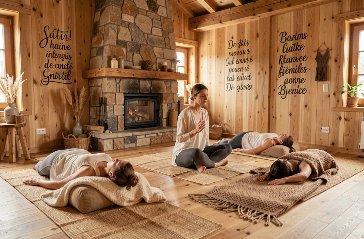 Vers Le Souffle Courchevel, studio yoga cosy en chalet avec cheminée en pierre et ambiance bien-être montagnarde