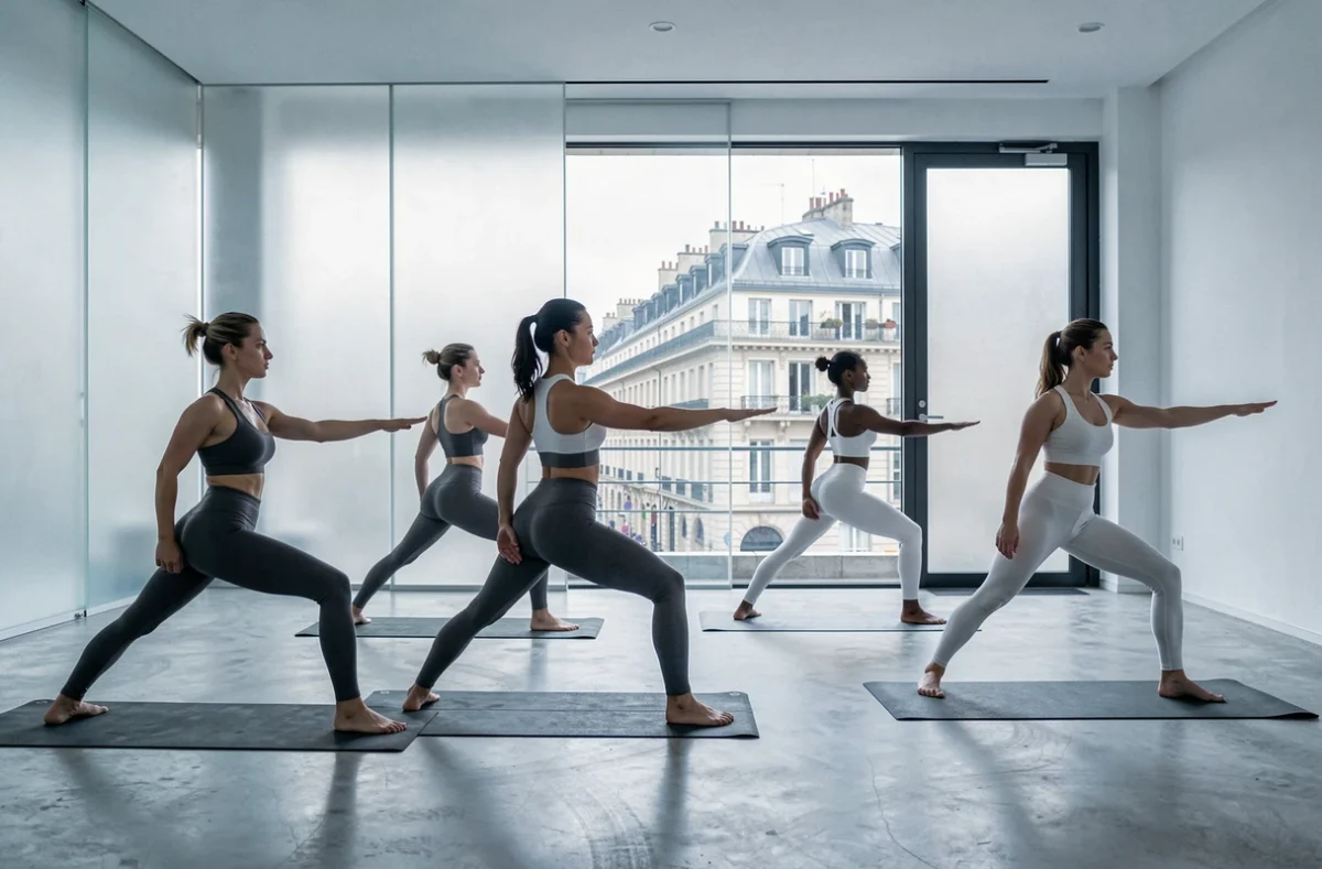 Yoga Room Lyon, studio yoga urbain au design minimaliste avec vue sur la ville et groupe de pratiquants